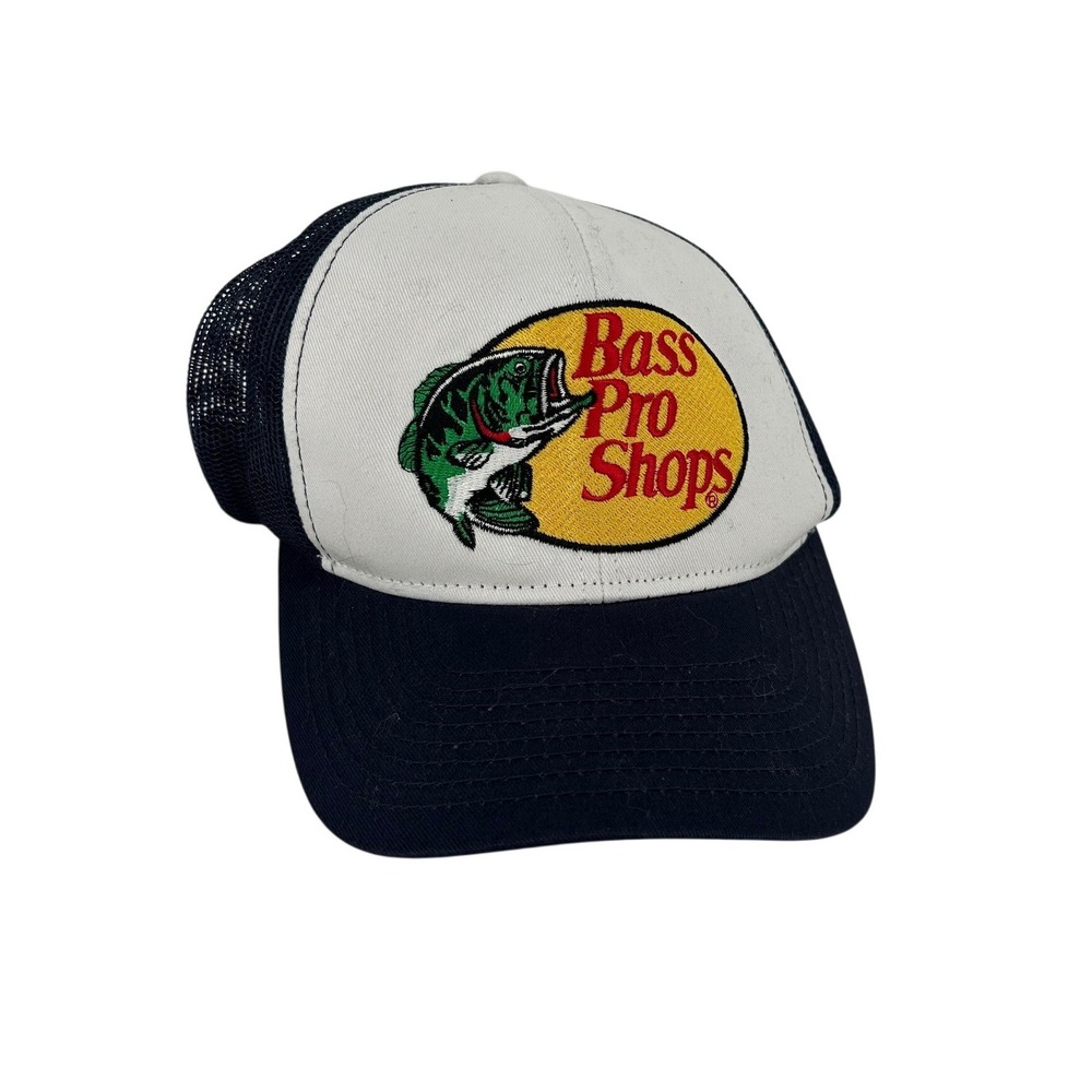 Bass Pro Shops Mesh Back Trucker Hat Navy White Snapback Bass Logo Cap Mens OSFM